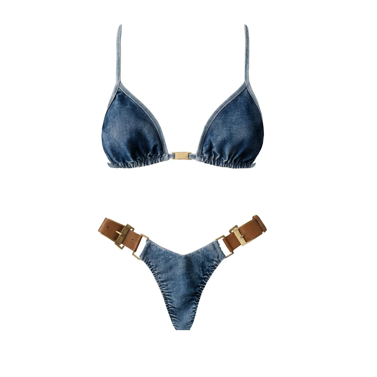 Denim Print Push-Up Bandeau Bikini with Deep-V Top