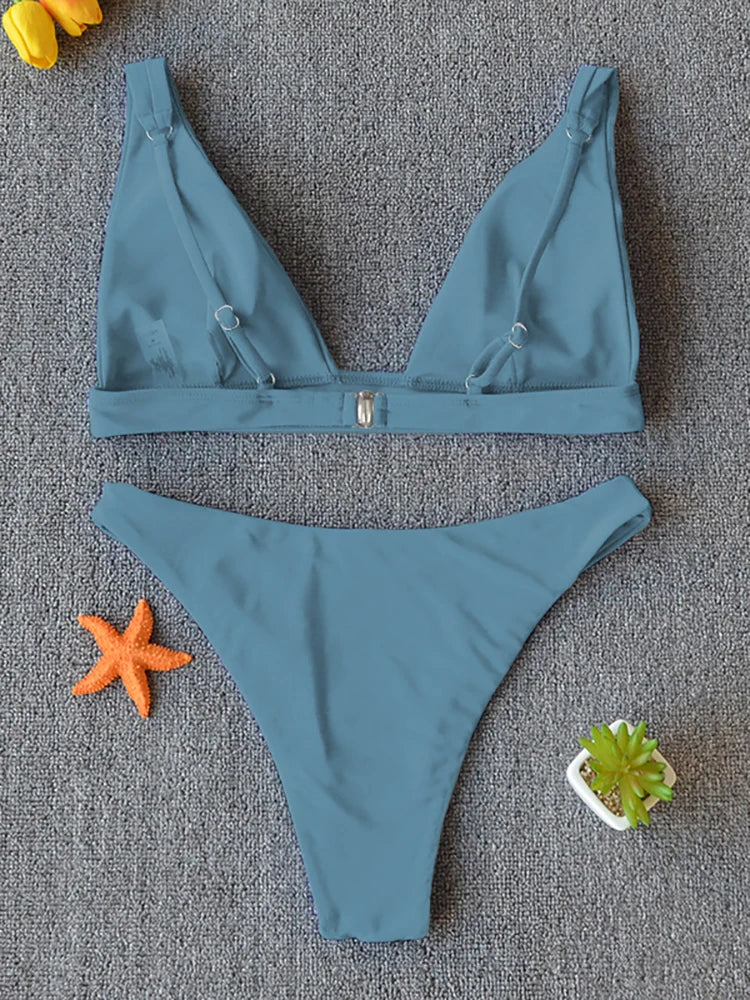 Solid Push-Up High-Leg Bikini Set — 14 Colors