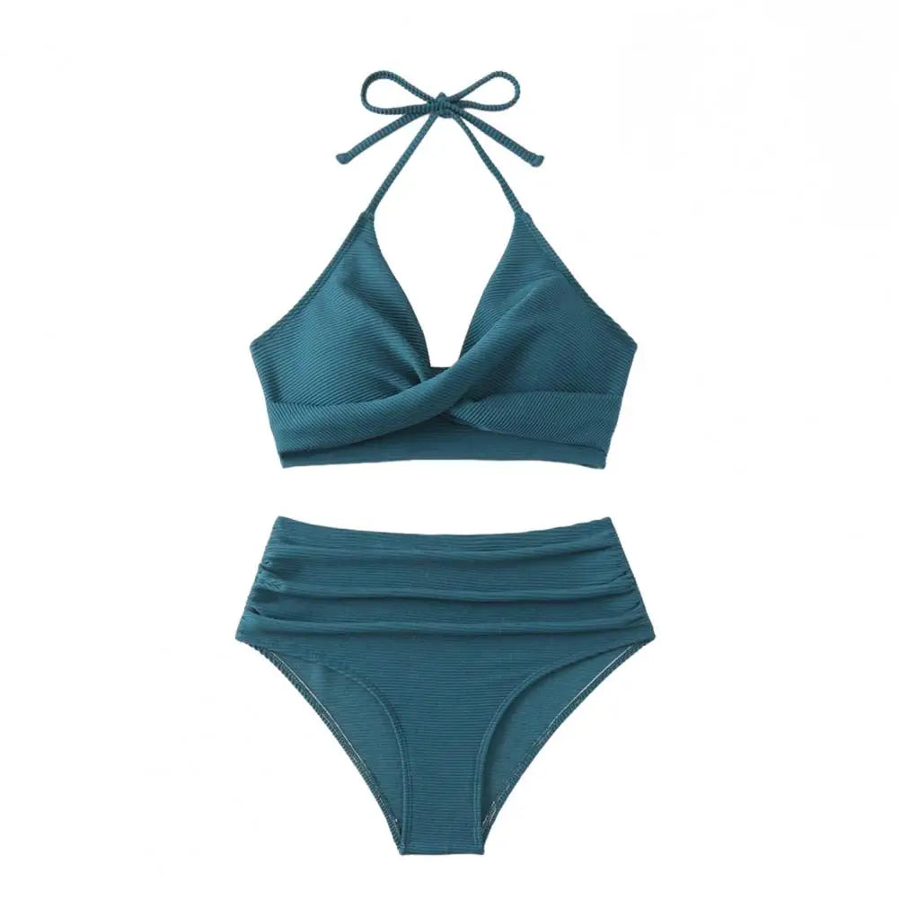 Women's Two-Piece Pleated Bikini Set with Padded Halter Top and High-Waist Bottoms