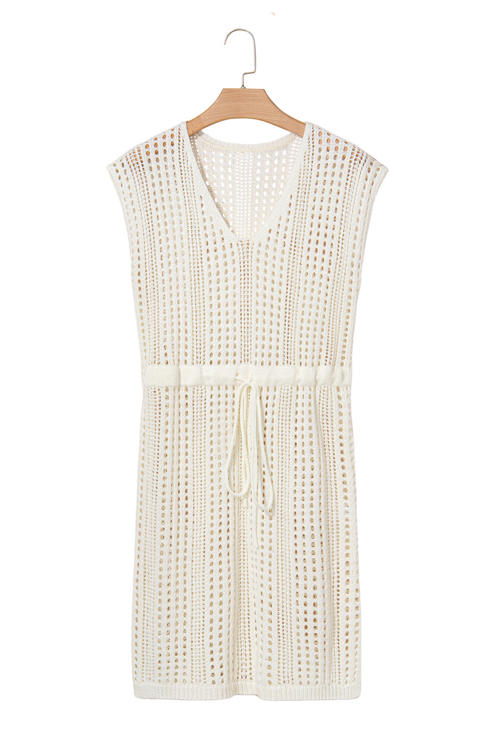 Beige Open Knit Drawstring Waist Beach Dress
